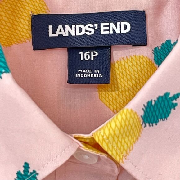 ~ Lands' End 16p Pineapple Print No-Iron Cotton Sleeveless Shirt Button-Up Pink - Picture 2 of 11